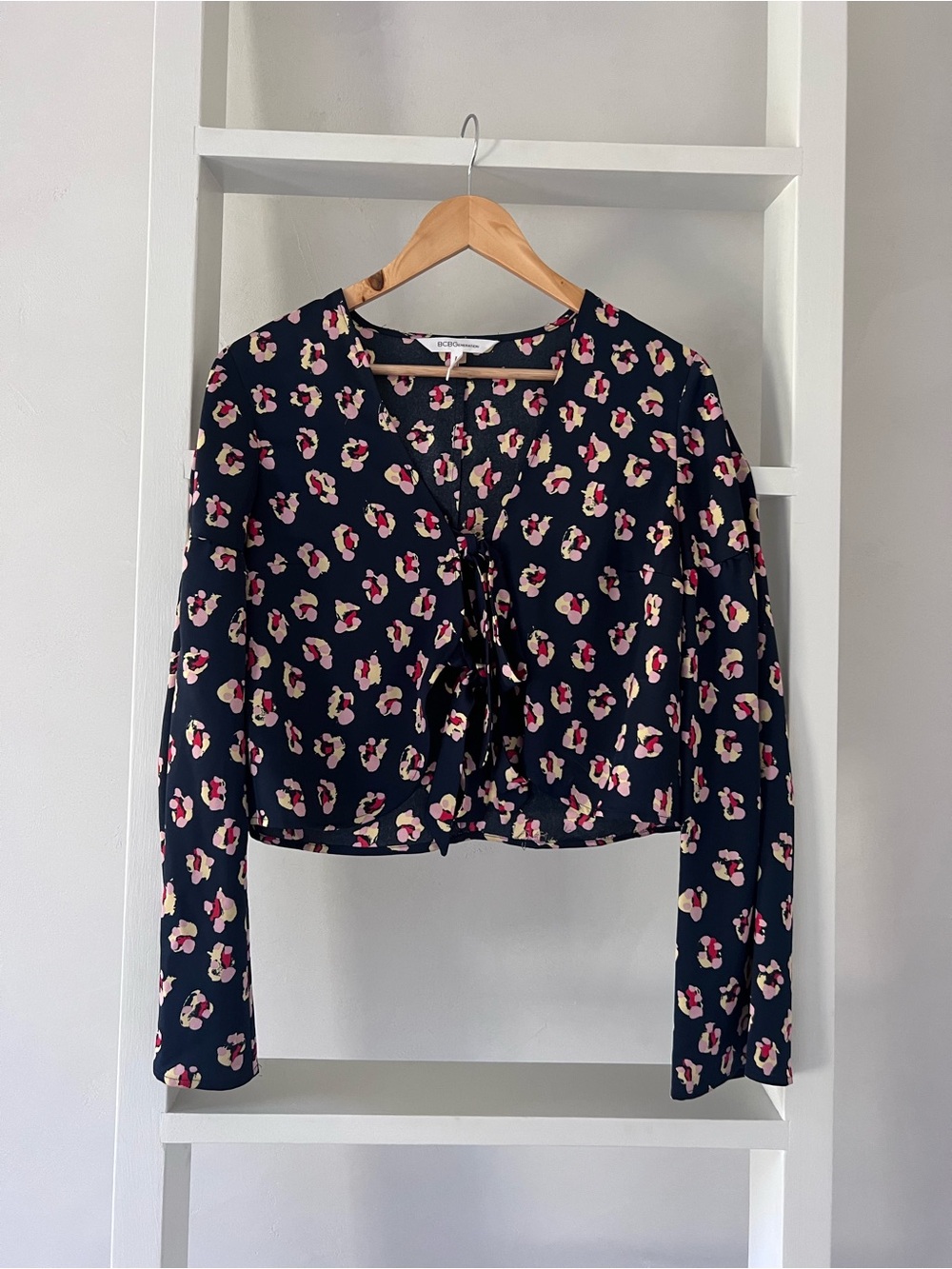 BCBGeneration Navy Floral Tie-Front Blouse - Pink & Cream Print
